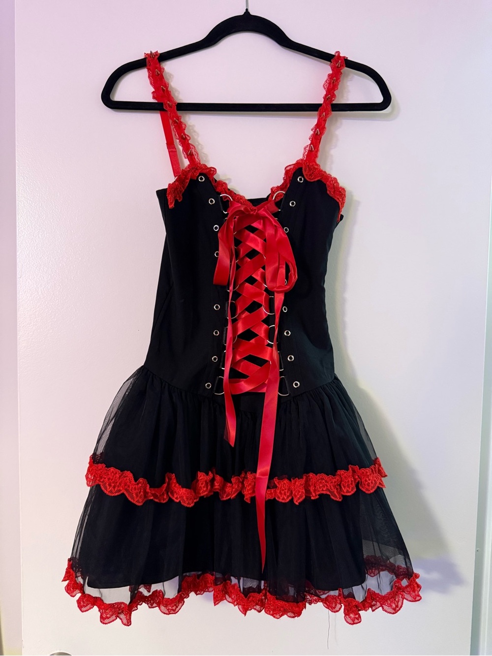 Dolls Kill Bold Black Mini Dress w Red Ribbon Lace-Up Front Spiked Straps Size M